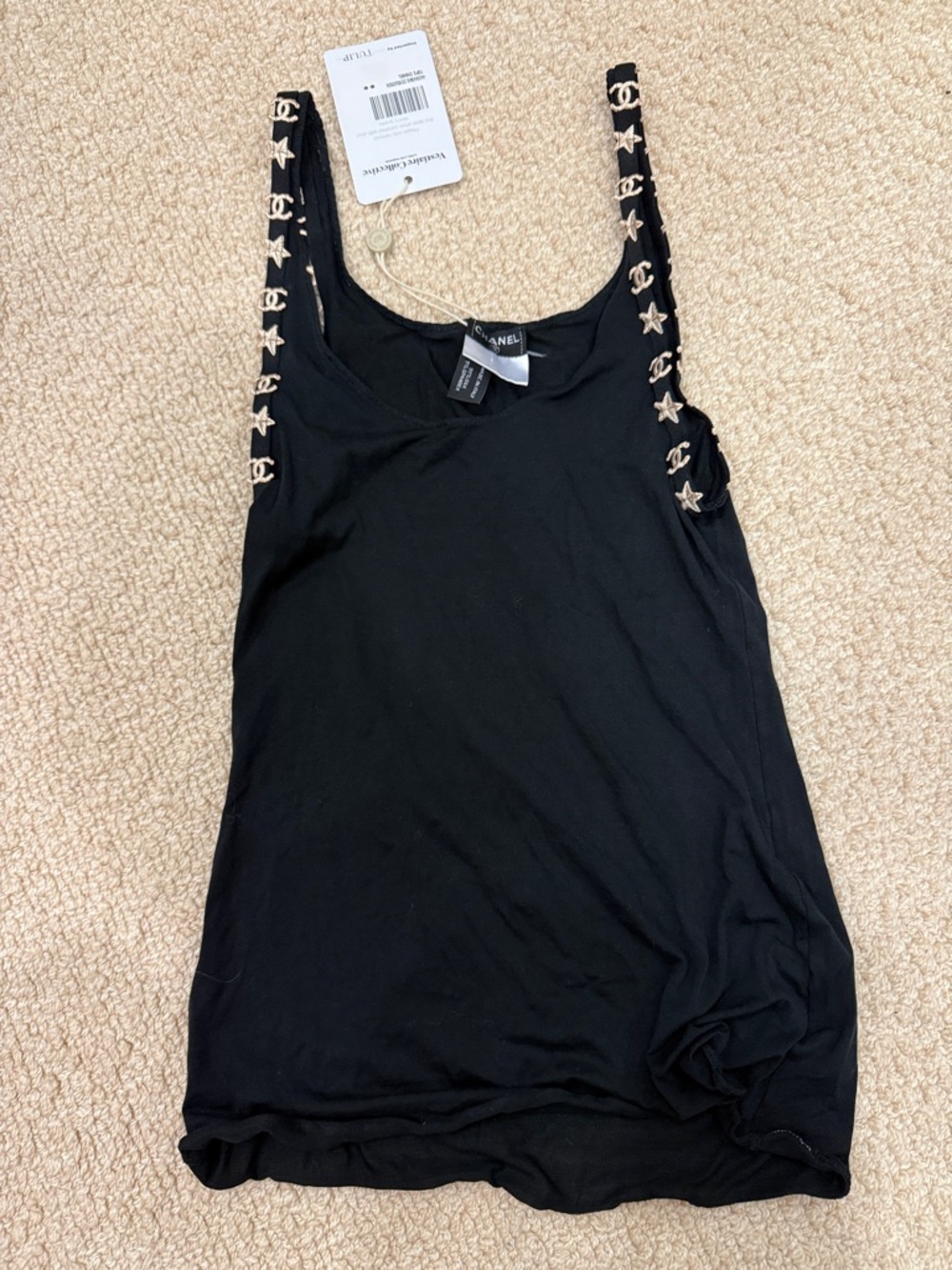 CHANEL Black Logo-Trim Tank Top with Star Accents